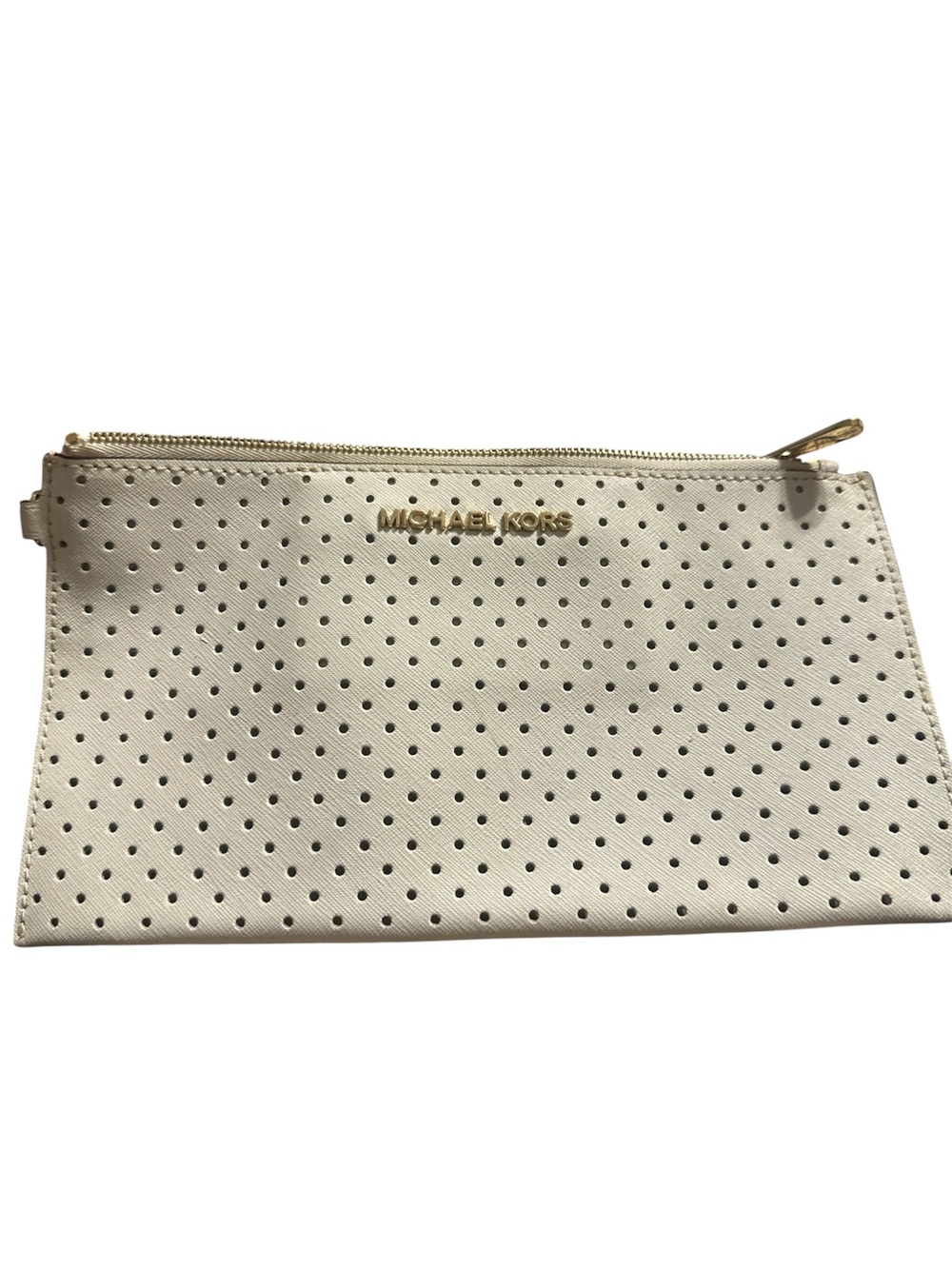 NWOT Michael Kors Ivory Perforated Zip Wristlet Clutch with Gold Hardware - Picture 1 of 6